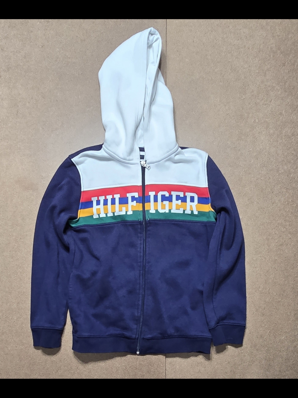Tommy Hilfiger Boys Navy, White & Color Block Stripe Logo Design Zip Hoodie